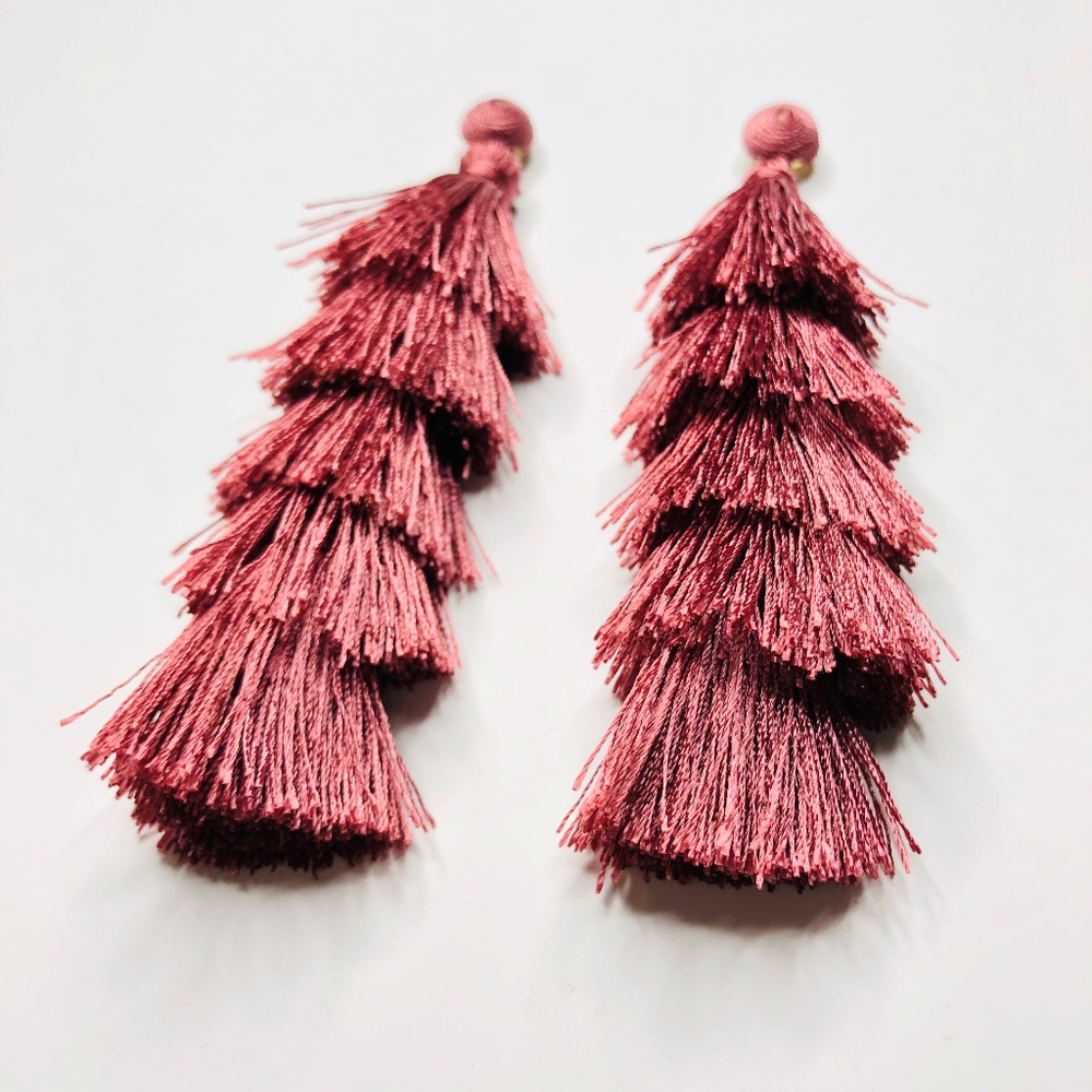 Naya Dusty Rose Tiered Tassel Statement Earrings - Picture 6 of 8